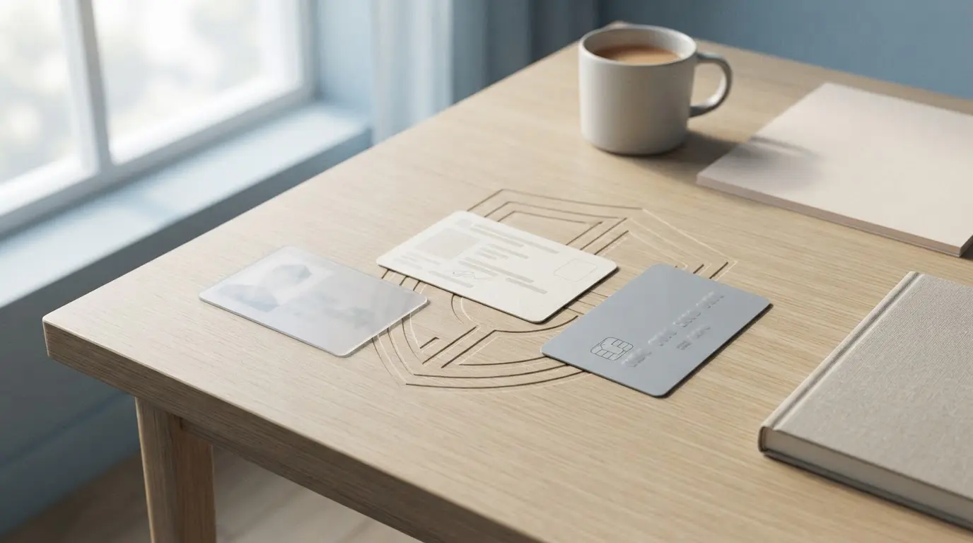Neutral illustration af KYC med identitet, adresse og betalingskontrol